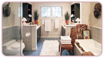 “A Quiet Pattern Lends a Tranquil Air to the Bath” Design by Van Lenten Interiors.